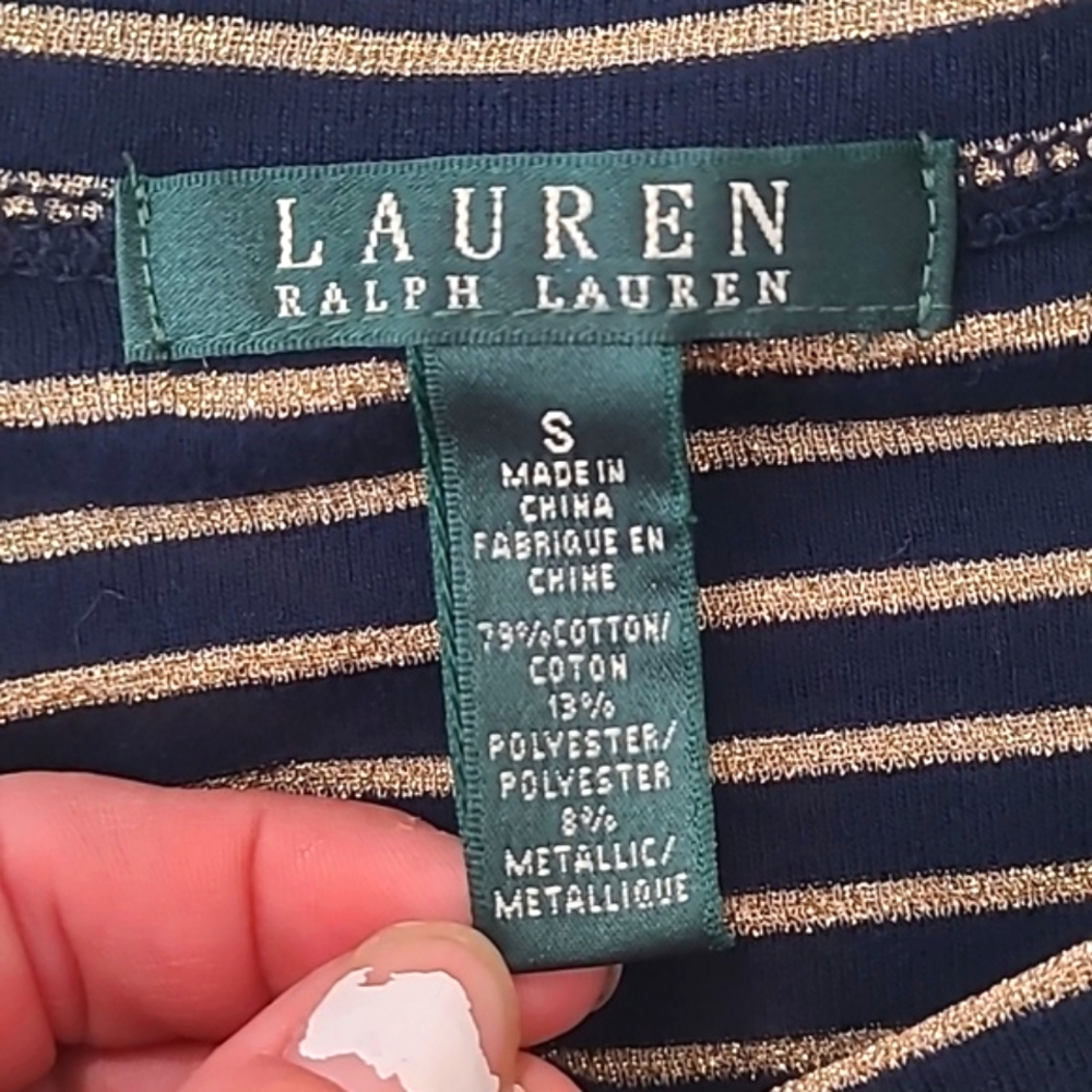 Ralph Lauren Green Tag Navy Blue & Gold Striped Quarter Sleeve Top Womens Size S - Picture 12 of 12